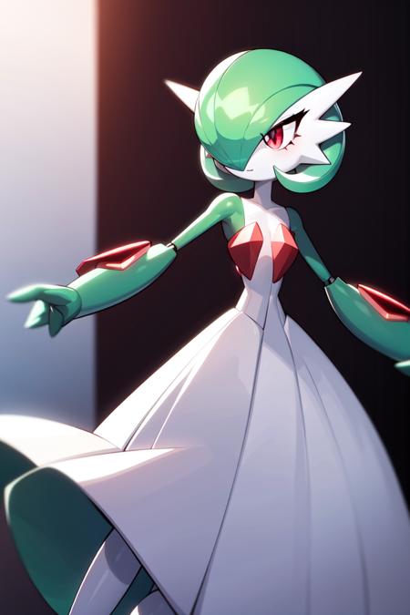 masterpiece, best_quality, 1girl, solo, gardevoir,  pokemon \(creature\), green hair, red eyes, white dress, mecha