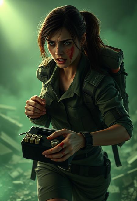 A beautiful woman from the Resident Evil era, wearing military uniform, dim flashlight beam, set in quarantined biohazard zone, with bloody typewriter, sprinting through rubble, with a face twisted in pain, close-up of blood-splattered face, surreal green fog filtering the light, with a backpack full of supplies. the last bullet, the final scream, no one coming to help
