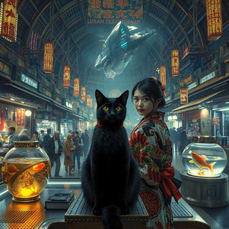 Setting is a futuristic shopping market at night in a huge domed building at night, the market is comprised of street vendors selling robot parts, food, weapons, and robots.  (((((CLASSICALLY STYLIZED LIGHTING AND ARCHITECTURE FROM CHINA INDIA JAPAN FRANCE EGYPT ROME AND GREECE))))), A gold fish bowl is on the table with a cat-fish) People wearing futuristic cyberpunk clothing are walking through the street market shopping and eating, A sleek black cat with red collar sits on a cluttered metal riveted desk with transparent top and micro-LED lighted computer components visible inside, On the desk is an ebony and gold maneki neko statue and futuristic art deco lighting, (((a beautiful woman, 24 years old, is standing in the foreground FACING THE VIEWER, she has an expression of interested curiosity)))))), the sleek black cat with red collar is sitting on the desk and watching the people walking by in the busy street market, the woman is dressed in futuristic cyberpunk ECLECTIC style yukata with a low neck line alluring aesthetic. An enormous art deco inspired starship with futuristic lighting and an enormous space station are visible in the background among the stars, The woman's hair is elegantly tied up with a ribbon. Artistic cyberpunk, dynamic perspective, (((overall architectural aesthetic is Art Deco Cyberpunk))).  Epic image that elicits a feeling of wonder and awe,