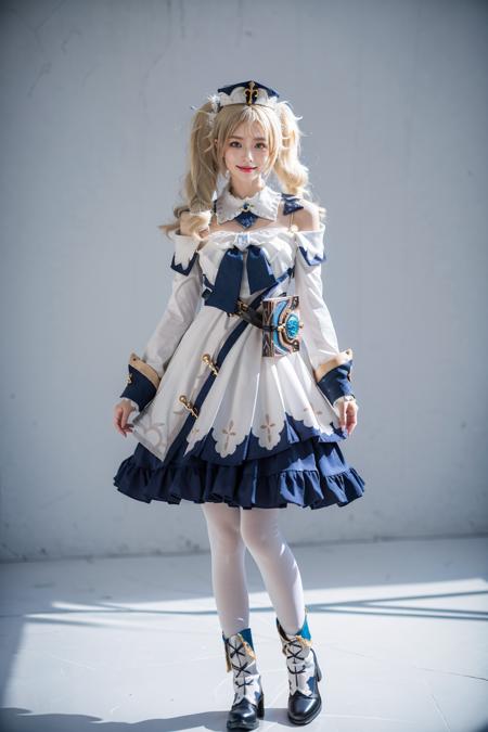 best quality, masterpiece, photorealistic, 1girl, solo, standing, arms at side, full body, looking at viewer, smile, closed mouth, barbara cosplay costume, cosplay, blonde hair, hair between eyes, twintails, dress, long sleeves, hat, detached collar, book, waist bag, white pantyhose, boots, simple background, <lora:genshin_Barbara_cosplay_v1:0.7>