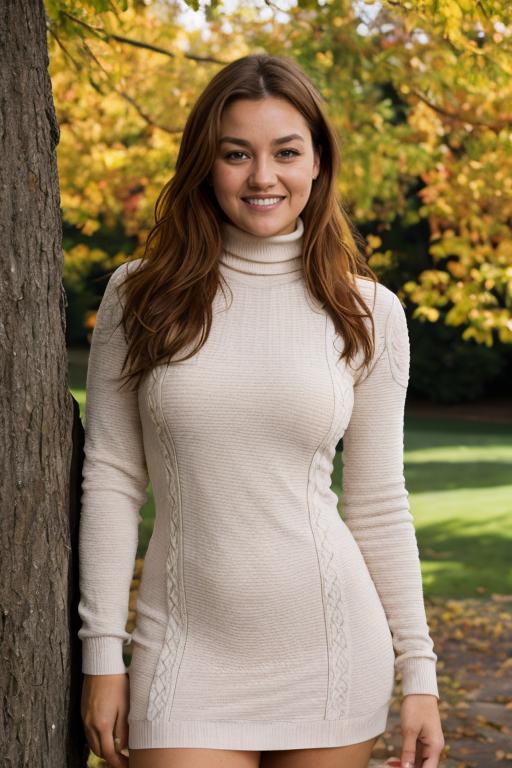 (SFW), (2/3 body view), (Crystal Clear:1.4), (Extreme Focus:1.4), (AllieHaze), (smile:1.5), wearing a (Turtleneck dress:1.4), walking through a vibrant park during autumn, colorful leaves falling around her, bright sunlight filtering through trees, realistic, detailed, cinematic lighting, gentle breeze, 4k resolution, warm atmosphere, nature, (extremely intricate:1.4), (Realistic Jewelry:1.3), High Detail, Sharp focus, dramatic, soft cinematic light, 8k raw, high res, (hyperrealistic:1.6), (textured skin:1.5), high details, detailed hair, imperfect skin, (skin pores:1.4), (natural skin:1.4),