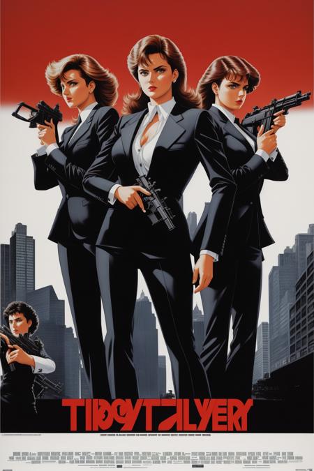 80s movie poster, three women wearing sleek black suits and holding guns, action style <lora:80s Movie Poster Style:1>