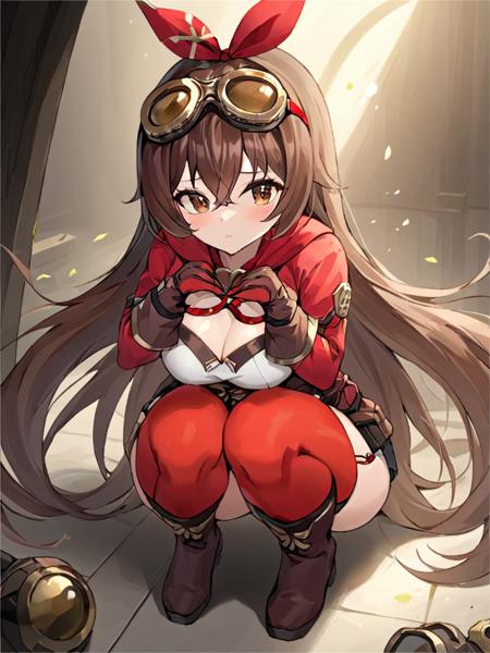 (\an bo\), goggles,long hair,gloves,shorts,brown hair,red thighhighs,cleavage,red ribbon,long sleeves,