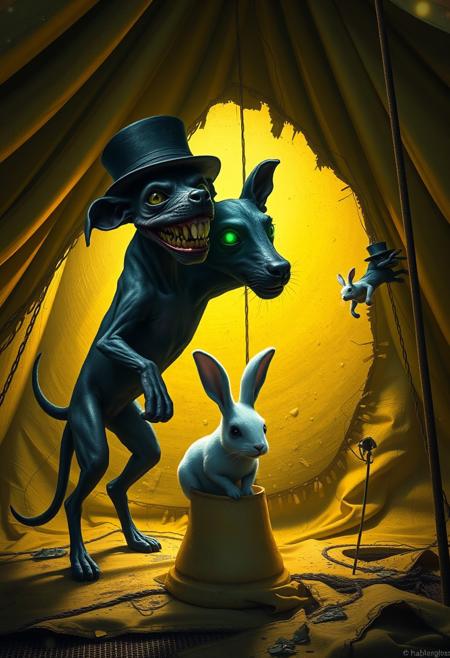 A highly detailed, photorealistic depiction of a bizarre, genetically mutated creature resembling Siamese twin dogs. The creatures have skinny, flesh-bound bodies with patchy, dull fur resembling a Dobermann, with an oversized tail, grotesquely large ears, and unnaturally short legs. One of them is grinning with wide, distorted eyes, its fur now an eerie blend of dark purple and gray. It wears a once-elegant, now weathered Italian hat. Biotech implants pulse with a sickly green glow, blending with swollen, cancerous carcinomas protruding from their flesh. They battle a large, shadowy rabbit, hiding in a hole within the torn, grimy fabric of a giant yellow circus tent.
The scene is drenched in creepy, low light, casting long, distorted shadows and bathing everything in a haunting, cold blue and sickly yellow hue. The circus is filled with flickering, broken carnival lights, creating an unsettling, nightmarish atmosphere. Hovering above the scene is a tattered, high-tech cardboard sign labeled ‘BUZZ 4 DNA,’ glowing with ominous, toxic neon colors. The entire setting feels unsettling and surreal, with a sinister edge.