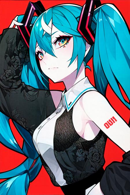 colorful_hair,halftone_hair,neon_palette,lam_style, 1girl, solo, solo, long hair, twintails, very long hair,hatsune miku,  red  theme background, 
<lora:LAM_style_loha:1>