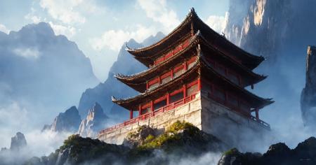 (masterpiece:1.2),best quality,high resolution,unity 8k wallpaper,(illustration:1),scenery,
architecture, east asian architecture, no humans, scenery, outdoors, mountain, cloud, sky, fog, bird, building, pagoda