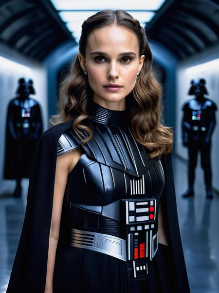 professional portrait photograph of a (beautiful Natalie Portman:1.2) with long hair, wearing a dress inspired by darth vader in a hallway on a star wars spaceship