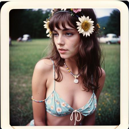 analog style, (polaroid photo), of enticing 1960s 35 year old hippie woman with messy hair, (wearing vintage psychedelic micro mini skirt, barefoot with ankle bracelets, flower headwear), (at Woodstock 1969:1.1), slim body, petite breasts, perfect face, alluring eyes, detailed skin, [[[imperfect skin]]], (beauty marks:0.3), [[[freckles]]], slightly parted lips, carefree attitude, natural lighting, film-like, photographed on a polaroid Instamatic 100, 60mm f/11 lens, color P7 type 100 film, film grain, [[closeup]]