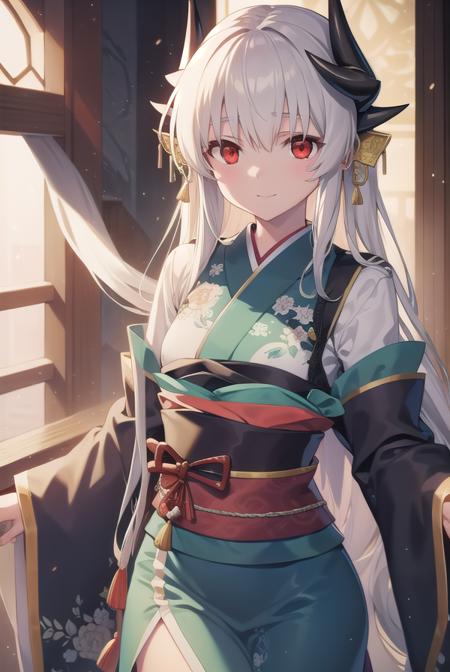 kiyohime, <lyco:kiyohime-lyco-nochekaiser:1>,
kiyohime, white hair, dragon girl, dragon horns, horns, long hair, (red eyes:1.5), smile, (small breast:1.2),
BREAK japanese clothes, obi, sash, thighhighs, wide sleeves, yukata,
BREAK looking at viewer,
BREAK indoors,
BREAK <lyco:GoodHands-beta2:1>, (masterpiece:1.2), best quality, high resolution, unity 8k wallpaper, (illustration:0.8), (beautiful detailed eyes:1.6), extremely detailed face, perfect lighting, extremely detailed CG, (perfect hands, perfect anatomy),