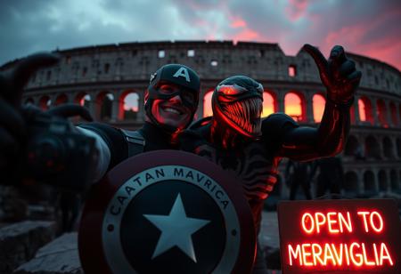 Marvel icons, Captain America and Venom, are caught in a surreal, high-energy selfie in front of the ancient Colosseum, with an unsettling atmosphere creeping into the scene. Captain America, his shield glowing faintly under the dimming light of a blood-red sunset, holds a vintage Kodak MC3 camera, trying to capture the eerie moment. Venom, grinning with malevolent glee, strikes a wild pose, his tendrils snaking around Cap’s shoulders, almost squeezing too tight in a way that blurs the line between playfulness and menace. Behind them, the towering Sion army approaches, their glowing red eyes piercing through the shadows of their insect-like helmets.
The Colosseum looms ominously in the background, its ancient arches casting dark, twisted shadows as if the structure itself is alive. The iconic ruins feel warped, with cracks pulsing as though ready to split open. In the foreground, a neon cardboard sign reads ‘OPEN TO MERAVIGLIA,’ but the letters flicker erratically, with some symbols morphing into eerie, cryptic shapes. Holographic effects ripple unnervingly, and the air around them is thick with swirling dust and mist, giving the scene an otherworldly, haunted feel. The contrast between the decaying landmark, superheroes, and the approaching army creates a chilling snapshot of a reality slipping into chaos