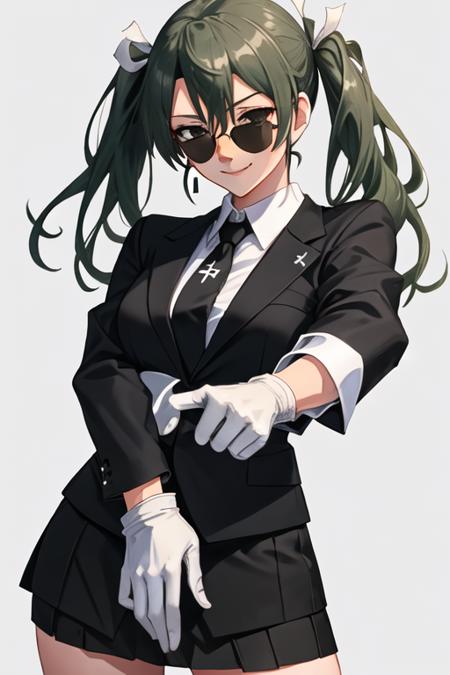 best quality, masterpiece, highres, solo, {black business suit:1.40}, {tie:1.20}, {sunglasses:1.25}, {white gloves:1.15}, {white shirt:1.10}, {black skirt:1.15}, {smoking:1.20}, handsome, {zuikaku_kantaicollection:1.15}, long_hair, twintails, ribbon, hair_ribbon, green_hair, green_eyes, smile, white_ribbon