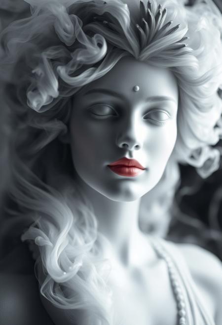 close up shot, The image features a smoke-like representation close up shot of a beautiful woman, which appears to be a white and gray woman. The smoke is billowing upwards, creating a visually striking and artistic effect. The smoke is so dense and well-formed that it resembles the shape of a beautiful goddess, making it an interesting and unique sight. This artistic representation of a goddess using smoke adds a creative and captivating element to the scene.