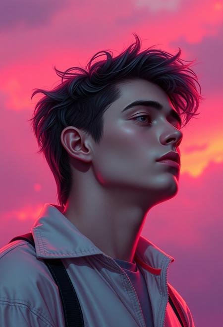 high quality design aesthetics, disco, eighties, synth pop, detailed, synthwave, melancholic, pop album cover for a sad love song, young white man, artist name "MUSAIC"