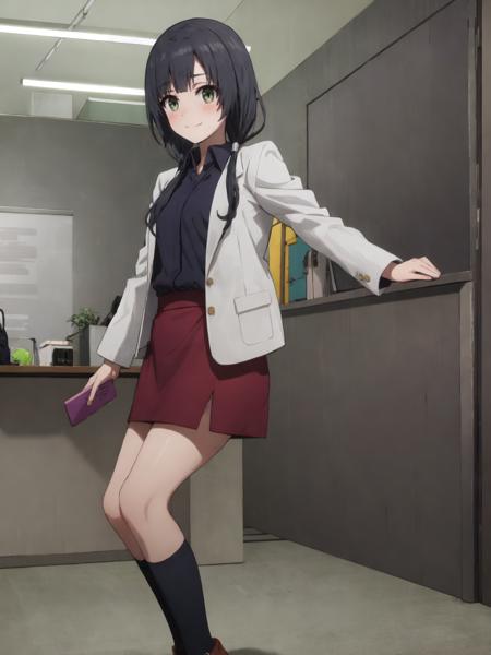 SLE, mksks style, detailed background absurdres, highres, full body, <lyco:GoodHands-beta2:1.0>,
BREAK solo, 1girl, <lora:Yasuhara Ema:1>, yasuhara ema, low twintails,
BREAK costume 5, white blazer, buttons, pockets, long sleeves, dress shirt, collared shirt, (two-tone shirt, black and purple shirt), pencil skirt, red skirt, shirt tucked in, (two-tone legwear, purple and black socks), kneehighs, black boots, ankle boots,
BREAK office, office desk, ceiling light, indoors,
BREAK standing, smile, looking at viewer, blush