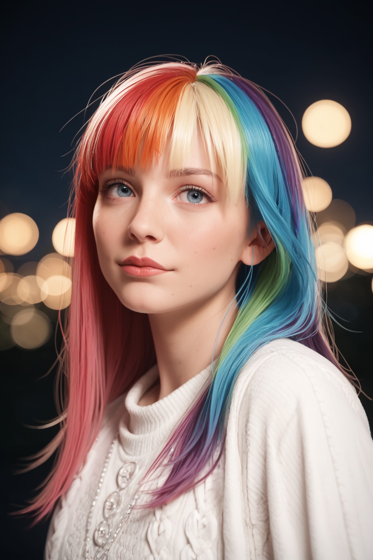 zPDXL2, zPDXLpg, zPDXLrl, beautiful girl with vivid (rainbow dye, colored hair:1.3), long hair, bangs, at a carnival at ni...