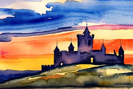 a castle on a hill with a sunset in the background and clouds in the sky above it, (a watercolor painting)<lora:MINT_ArtistToolLORA_v1:1.0>