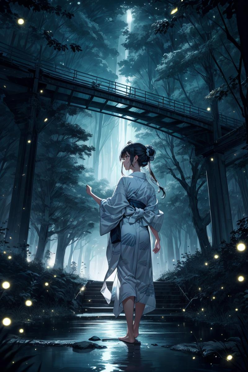 Woman in a flowing dress walking down a staircase in a dark forest.