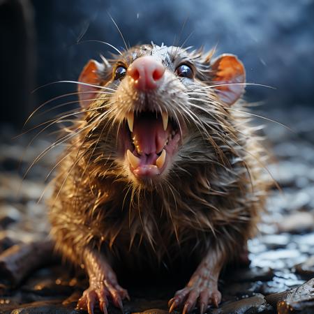 highly detailed documentary photo of giant rat:1.3,

whiskers, claws,  open mouth, looking at viewer, blurry, blurry background, portrait, animal focus, whiskers, realistic

masterpiece, best quality:1.1, 

ultra photoreal, photorealistic:1.0, sharp focus:1.1, 
depth of field:1.1, 

50mm, style of Nathan Wirth, Hasselblad X1D II, Porta 160,
