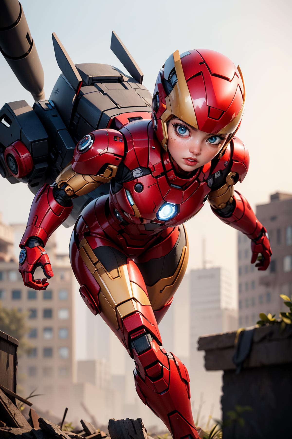 A 3D model of a female Iron Man character, wearing a red suit and standing on a building.