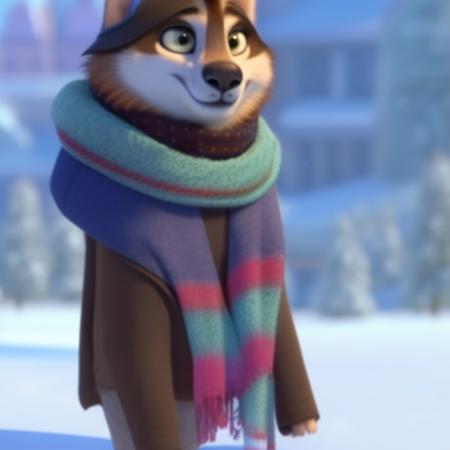 dressed wolf with a scarf standing in snow, Zootopiav4