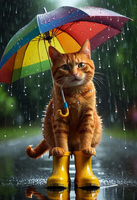 lazypos, highly detailed and hyper realistic, dynamic lighting, play of light, reflection, refraction, Raytracing, nice cute happy red cat under the rain, holding a multi-colored umbrella, wearing yellow rubber boots, raindrops, depth of field, bokeh, tearStyle2