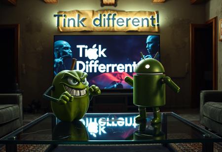 "In a dimly lit, decaying Italian apartment, a cartoonish green apple with exaggerated, glaring eyes and twisted limbs faces off against the iconic Android logo robot. The apple, perched on a cracked glass coffee table, sports a menacing grin and clenched, vine-like fists. Opposite it, the Android robot, its green metallic surface tarnished and scratched, stands in a defensive stance with malfunctioning, twitching antennae and a glare from its flickering eyes.
The massive OLED TV on the wall displays a vivid Apple computer commercial, casting a cold, flickering light that illuminates the tense standoff. Shadows from the TV’s bright visuals stretch and distort across the room, adding a dramatic effect to the confrontation.
Above the TV, a warped cardboard sign reading 'Think Different!' , its flickering LEDs casting eerie, shifting shadows on the peeling stucco walls. The room, once elegant with exposed brick and wooden beams, now feels oppressive and claustrophobic, filled with the scent of mildew. The green apple’s glossy skin and the Android’s rusty body gleam under the unsettling light, emphasizing their contrasting forms and the bizarre, hostile encounter in this decrepit, tech-infused setting."