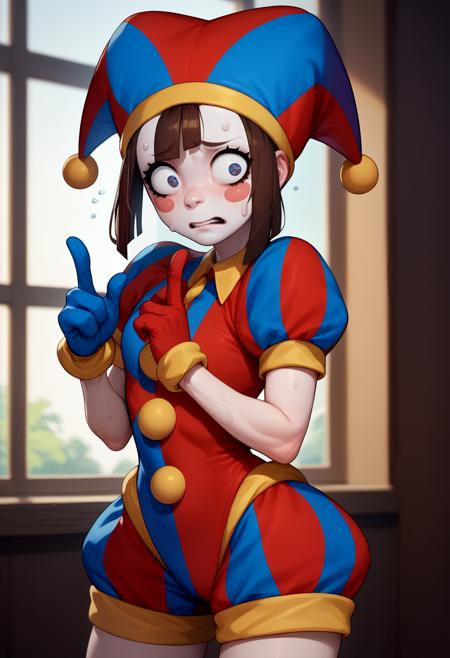 pomni, colored skin, blush stickers jester cap, striped clothes, puffy short sleeves, mismatched gloves, puffy shorts