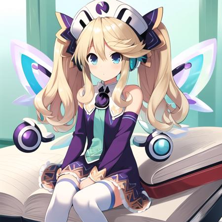 HistoireNeptunia bare shoulders, twintails,  book, white thighhighs, hat, necktie, purple dress book long hair, blue eyes, twintails, blonde hair, hair ornament, wings, fairy wings
