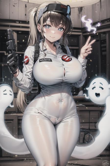 (ghostbuster uniform), protopack, ghostbuster logo, (white pupils), (wide hips), large breasts, indoors, long hair, solo, 1girl, smile, <lora:Ghostbuster Uniform V4:0.6>