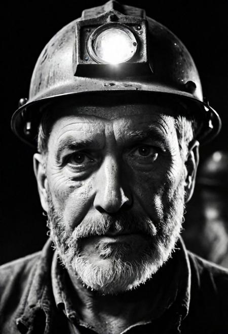 cinematic, ((black and white, monochrome, greyscale)), portrait, of a highly detailed, older man, short dark hair, wearing a miner's helmet with light, beautiful deep eyes, rough beard, posing, in a dark, dimly lit, coal mine, he's dirty and covered in soot from working long hours down in the darkness, noise, noisy, detailed, high quality, cinematic lighting, contrast, dynamic shadows, atmospheric, Nikon FA, 35mm, f1.4,