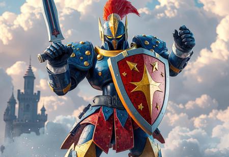 Epic Knight of the Morning Star robot, Cloudcastle backdrop, blue, red, yellow mosaic armor, striking red/yellow shield, sword, black head, white face. Dynamic action pose, playful design. Splash ink illustration, Octane render, Unreal Engine 5, Raphael style, Houdini style, vivid emotions, joyful impact. High-res, 4K, exceptional quality, lifelike details, handcrafted, sharp lines, stunning colors, harmonious colors, contemporary aesthetics, beautiful matte painting, impeccable composition, creative angle, attractive background, balanced editing, intentional focus, captivating lighting, Grammer Effect style, Artstation trending, golden ratio.