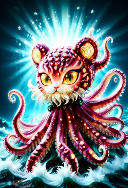 octocat, a mythical creature with the head of a cat and the body of an octopus, (cat head:1,6), whiskers, (cat ears:1.5), (inner fluff ears:1.3), (cat eyes:1.5), tentacles, eight tentacles, twisting tentacles, swirling tentacles, dark background, deep sea background, directed light, spotlight, best_quality, masterpiece, absurdres, highres, subject_focus, depth_of_field, ultra_detailed, sharp_focus, high_detail, intricate detail, clean_lines, volumetric lighting, dynamic shot, 
colorful LED lights, aidmaImageUpgrader