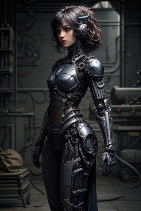 (best quality, masterpiece), (intricate details), unity 8k wallpaper, ultra detailed, beautiful and aesthetic, (photorealistic:1.4),
from side, 
scandianvian cyborg, science fiction, star wars style,
((colorful)) plate armor,
mechanical arms, mechanical hips, mechanical legs, mechanical pelvis, mechanical torso, mechanical chest,
very long curly cornflower blue:1.5 hair,
detailed background, spaceship yard,