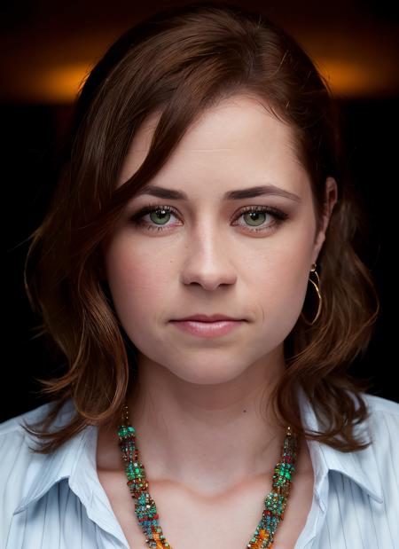 portrait of skswoman, proud , wearing beaded , with auburn Lob (long bob) , background valley epic (photo, studio lighting, hard light, sony a7, 50 mm, matte skin, pores, colors, hyperdetailed, hyperrealistic), <lyco:Jenna FischerV2:1.2>