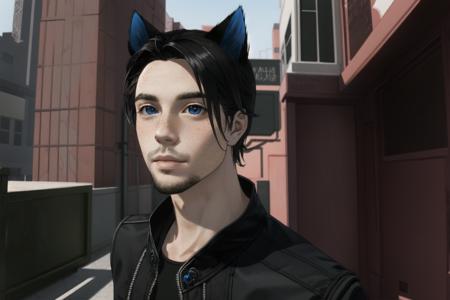 <lora:Maverick%20Ellis%20Rowe:.7> 1boy, male focus, solo, animal ears, cat ears, blue eyes, realistic, black hair, freckles, facial hair, jacket, stubble, cyberpunk, science fiction