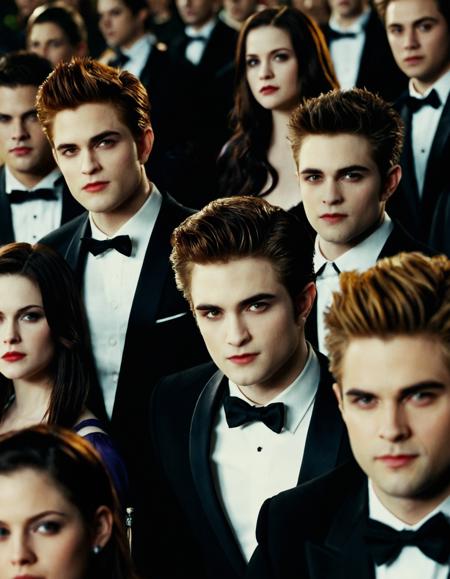 cinematic photo <lora:twilight:1>,twilight,still,promotional,movie,vampire,beautiful,twlight,portrait,eyes,, analog photo, closeup portrait photo of a prompt ., a group of people sitting next to each other in formal wear and tuxedos in front of a crowd [2], . 35mm photograph, film, bokeh, professional, 4k, highly detailed