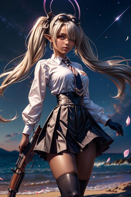 zzIori, grey hair, long hair, twintails, red eyes, dark skin, dark-skinned female, pointy ears, hair over one eye, ribbon, halo, very long hair, hair ribbon, tail, demon tail, sunglasses, eyewear on head, armband, black necktie, black skirt, holding gun, long sleeves, white shirt, bolt action, black gloves, pleated skirt, collared shirt, black ribbon, black socks, knee highs, boots, black footwear, high-waist skirt, 