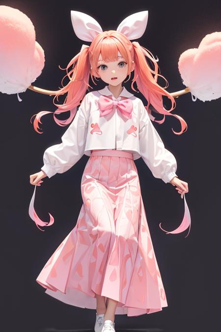 ribbon, bow, (wet outline vector graphics), eating cotton candy, white long sleeves jacket, break, pink long skirt, looking at viewer, hair ribbon, full body, break, orange messy hair