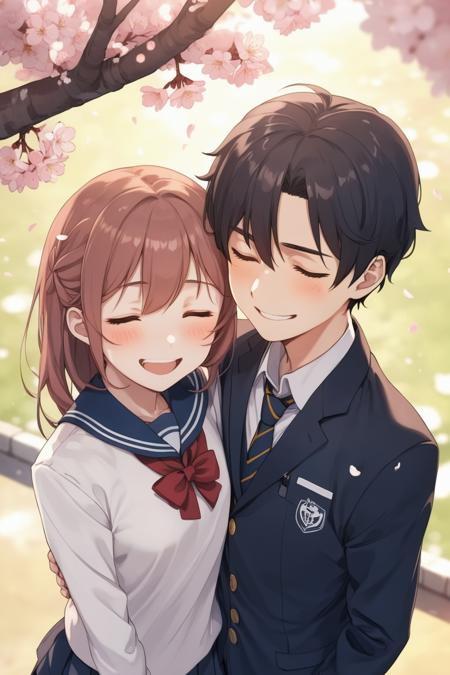 1girl and 1boy,couple,(selfile:1.4),close-eyes smile, upper body,anime, cherry blossoms, bokeh,school uniform,from above,