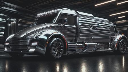 chrome sypercar,tesla cybertruck,cyberpunk city,cyberpunk spikes,more chrome,more neon,more indicators,tech,more red,<lora:ChromeTech:0.9>,black background,