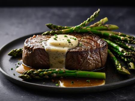 cinematic photography, RAW photo, closeup shot, very closeup on subject, side view, ground shot, perfect round medallion of fillet mignon steak, (uncut:2), well marbled, cooked rare, perfectly browned all around, ((dark caramelization on the top surface of the steak)), nice char, (pat of garlic herb butter (on top) of the steak), (au jus:1.5), with ((fluffy mashed potatoes)) and ((grilled asparagus)) on gray stone plate, ((((steam rising from the food)))), ,bokeh, shallow depth of field, food photo, 8k, ultra sharp focus, intricate details, hyperrealism, DSLR, volumetric lighting, rim lighting, high quality, film grain, Fujifilm XT, SK_CINEMATIC, <lora:zavy-rmlght-sdxl:1> zavy-rmlght