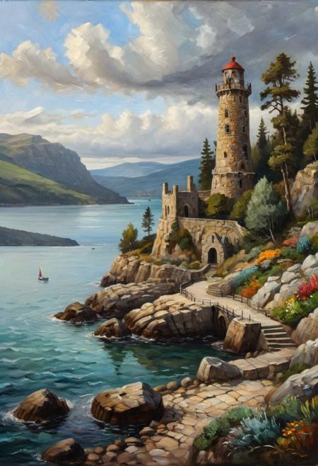 oil painting featuring a dramatic coastal scene with a small, rocky inlet surrounded by vibrant greenery. The inlet is partially enclosed by a pier, constructed from large irregular shaped rocks and stones extending into the calm, clear blue water. On the pier  a tall, cylindrical stone tower with a weathered and ancient appearance. The tower features arched windows near the top and a small balcony with a metal railing. A winding stone staircase leads up to the entrance. The background includes a gently sloping hill covered with dense trees and  colourful shrubs, leading down to the rocky shoreline. The sky is overcast with a mix of light and dark clouds, casting a soft light over the landscape. The overall composition is balanced, with the natural elements framing the central focus on the pier and the inlet.