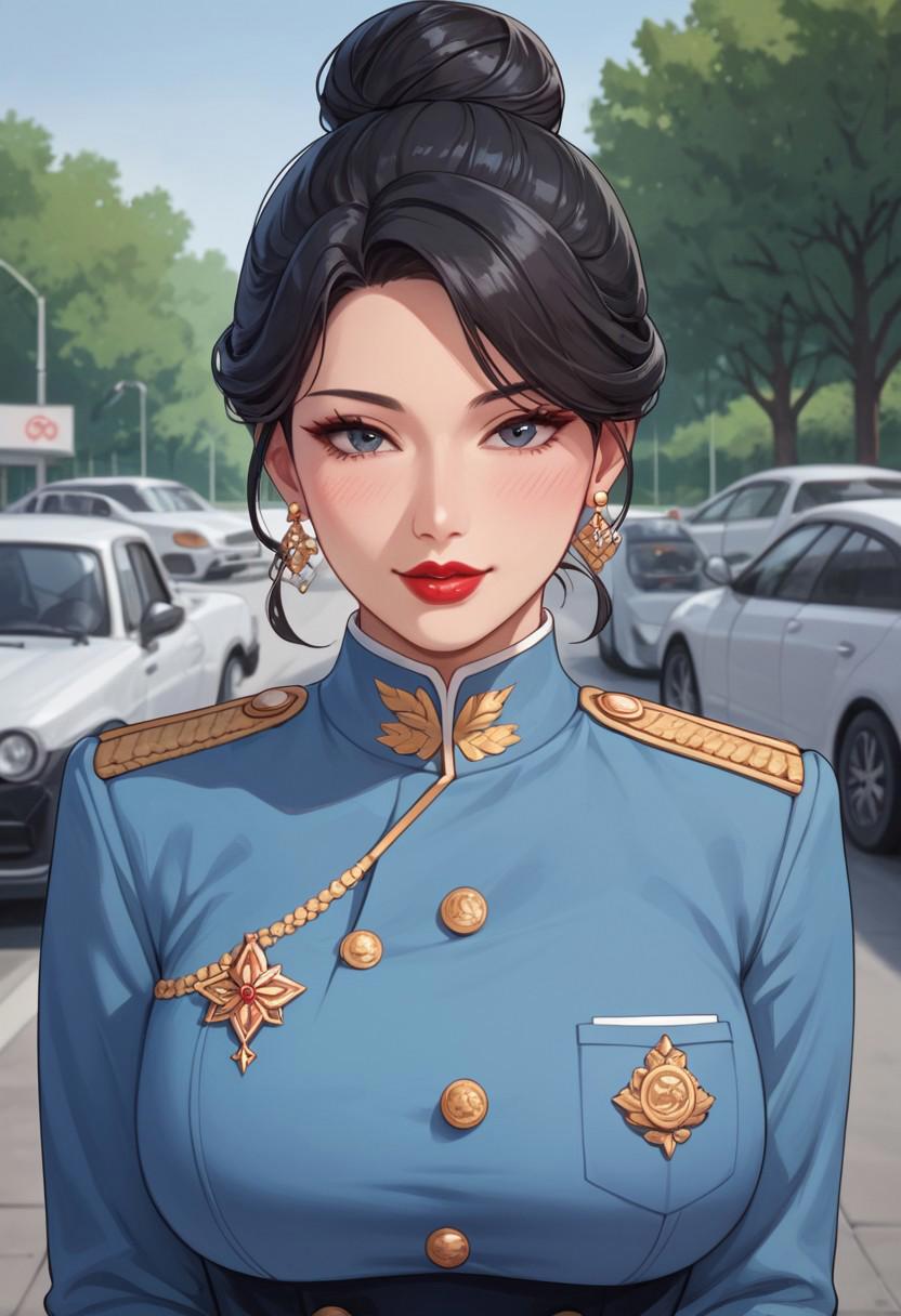 score_9, score_8_up, score_7_up, milf_saga, milf_saga_face, 1girl, looking at viewer, solo, hair bun, red lips, Black hair, A North Korean female politician, She is wearing a Navy Blue suit that highlights her hourglass figure. Her eyes are seductive, outdoor, North Korea in the background, best quality, masterpiece <lora:add_detail:1> <lora:milfsaga_v3:0.9>