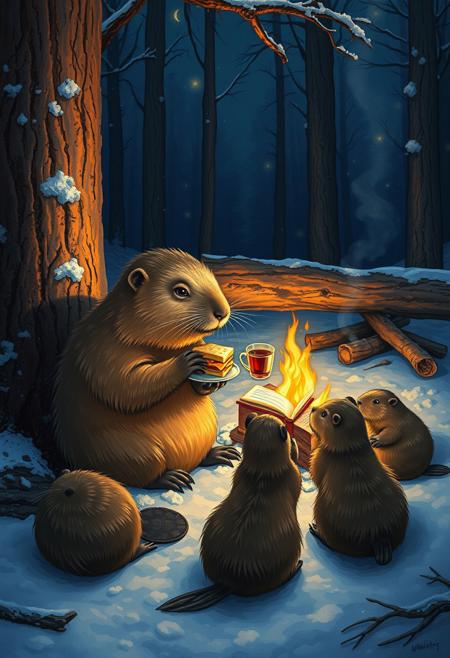 During a dark snowy night a  big capybara sits nearby fallen tree next to  a  big campfire and  eats a sandwich with cheese  and holds a cup of tea, sits among  a group of little beavers. They read a fairy tales book with details, snow, snowy, winter forest, vivid colors, realistic details like seeing under an electron scanning microscope