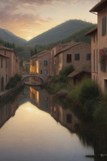 Epic, amazing lens glow lighting illuminates a modern, futuristic, grand scene in golden hour light, reflecting the darker aspects of the human condition. Romantic realism style shows an Italian countryside village with warm colors, textured brushwork, and serene landscapes.  Soft light depicts heroic elements in a massive scale.