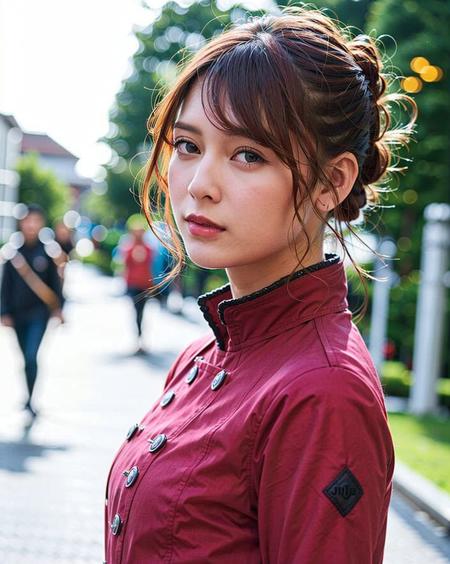 a woman posing on the street corner with red jacket on, best quality, 1girl, large breast, day, bright, blur background, bokeh, outdoor, (street:0.8), (people, crowds:0.8), (red jacket, red high-neck clothes:1.2, red long sleeves dress: 1.5), gorgeous, (forehead, hair up:1.5), beautiful detailed sky, (dynamic pose:1), (upper body:0.8), soft lighting, wind, shiny skin, coat, <lora:TokuGirl_Reika_Mei_v1.0:0.65>