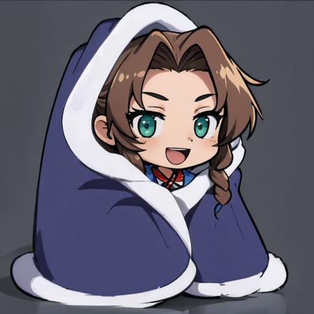 masterpiece, best quality, aerith gainsborough, green eyes, :D, cozyblanket, chibi, simple background <lora:cozyblanket-nvwls-v1-000006:1>   <lora:aerith-nvwls-v1-final:0.9>