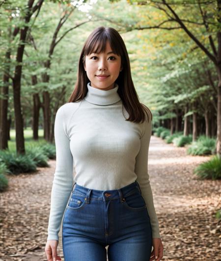 p1rop3, nature, outdoor, jeans, Turtleneck, Japanese garden, upper body, asian, smile 