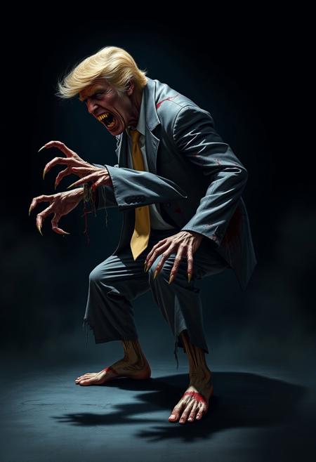 A full-body character portrait viewed from the knees up, set against a dark, shadowy background with ample negative space around the figure, illuminated by a faint, eerie backlight.
The subject is a zombie version of Donald Trump depicted in a slightly exaggerated and hyperbolized style. His tattered, bloodstained suit hangs in disarray, barely clinging to his decayed frame, while his bare feet press into the ground with unsettling realism. His grotesquely twisted posture reveals a deeply contorted spine, creating a hunched, predatory stance.
One arm stretches forward unnaturally, claw-like fingers reaching out as if grasping for something unseen, while the other dangles stiffly at his side, motionless and lifeless. His legs are bent inward, crouching low in a menacingly spring-loaded pose. His head tilts unnaturally to one side, mouth gaping in a jagged, predatory snarl, revealing crumbling, rotting teeth.
His expression is a chilling blend of confusion and mild aggression, his vacant, milky eyes staring out into the void. The gritty and raw atmosphere heightens the sense of impending danger, the dim backlight casting sharp shadows that emphasize the grotesque details of his decayed form.