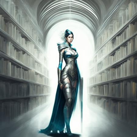 photo Strong Champion woman Standing Guard in the Infinite Library of All Knowledge (GateKeeper style:1) <lora:djzGateKeeper:0.8)